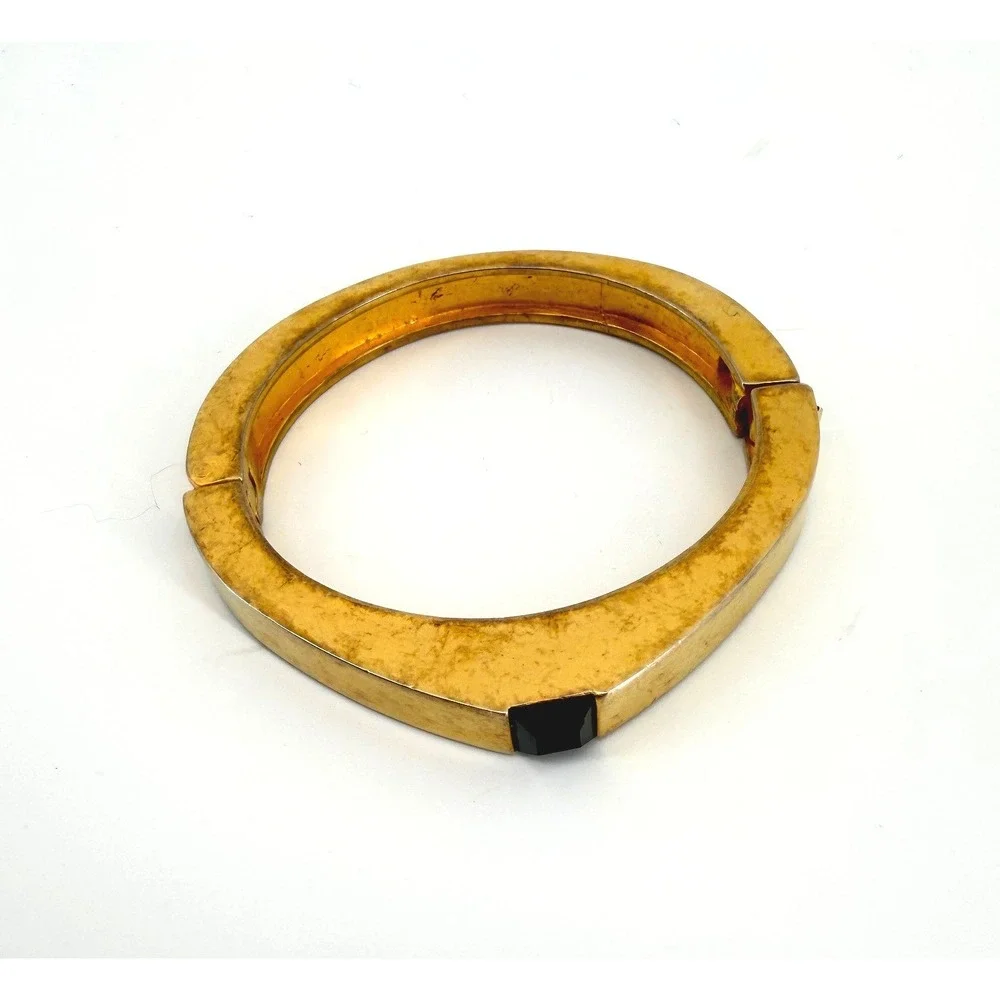 Vintage Gold Tone Hinged Bangle Bracelet Square Black Stone Geometric Cuff